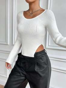 Flirla Ribbed Knit Raglan Sleeve Asymmetrical Hem Crop Sweater