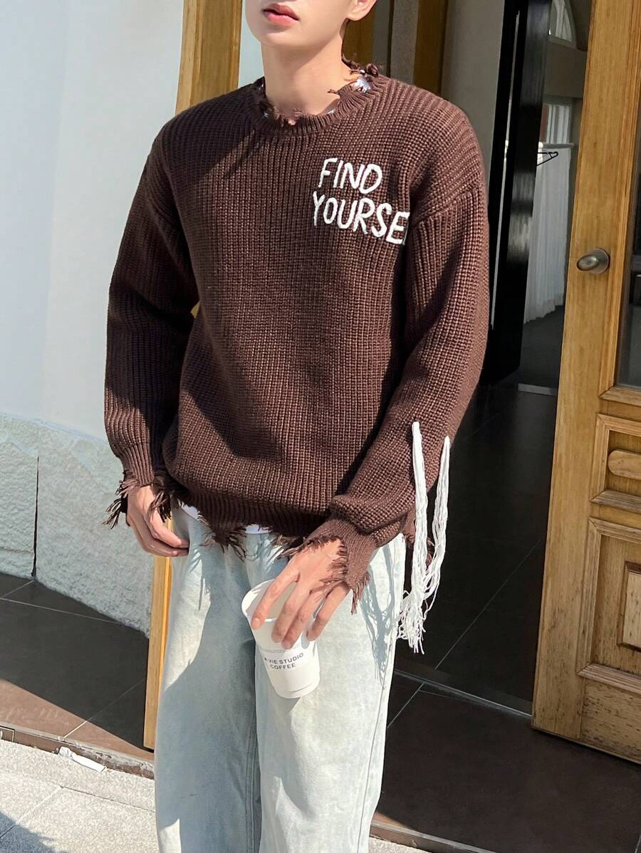 Claim Dot 男士字母圖案落肩袖仿舊邊套頭毛衣 - 咖啡棕 - 查看 1