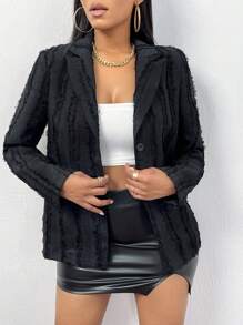 Zolique Blazer unicolor ribete con fleco con botón delantero