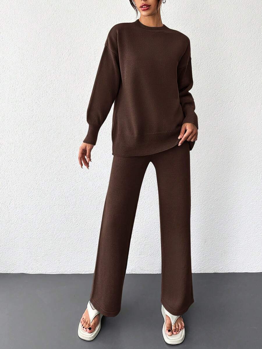 EURMUSE Women's Pure Color Round Neck Drop Shoulder Sweater & Pants Two Piece Set - Coffee Brown - View 1