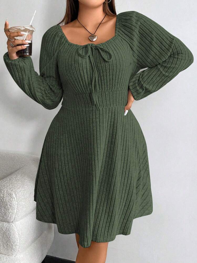 Plus Knot Front Lantern Sleeve Ribbed Knit Dress Fall Cloth For Women