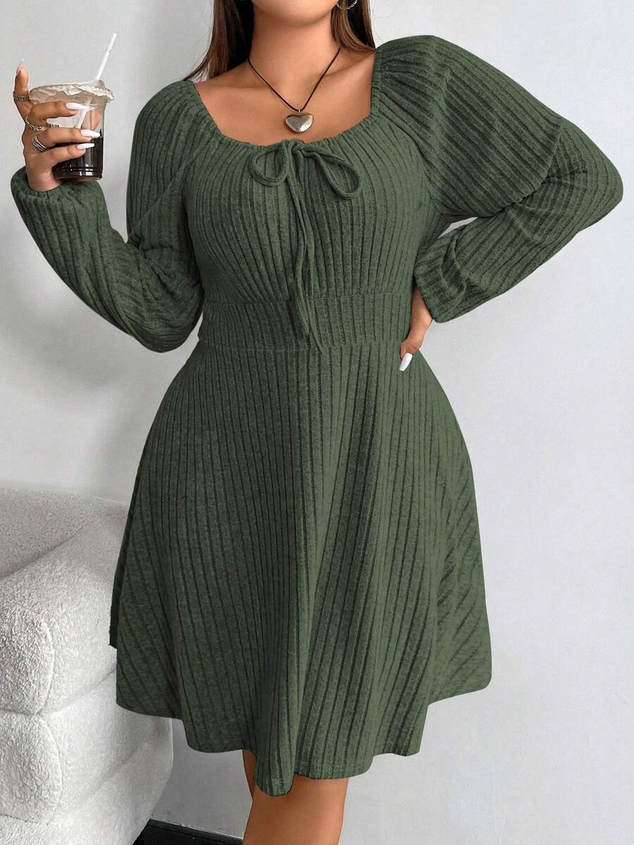 Vionelle Plus Knot Front Lantern Sleeve Ribbed Knit Dress Fall Cloth For Women - Army Green - View 1