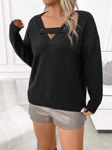 SHEIN LUNE Plus Cut Out Drop Shoulder Sweater Knit Pullover Fall Winter Sweater - Black - View 5