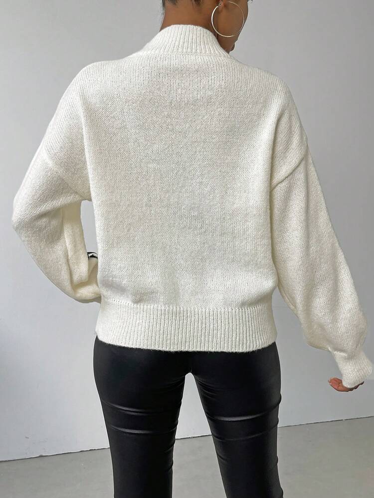 Graphic Pattern Drop Shoulder Mock Neck Sweater,Long Sleeve Tops Knit Pullover Fall Winter Sweater