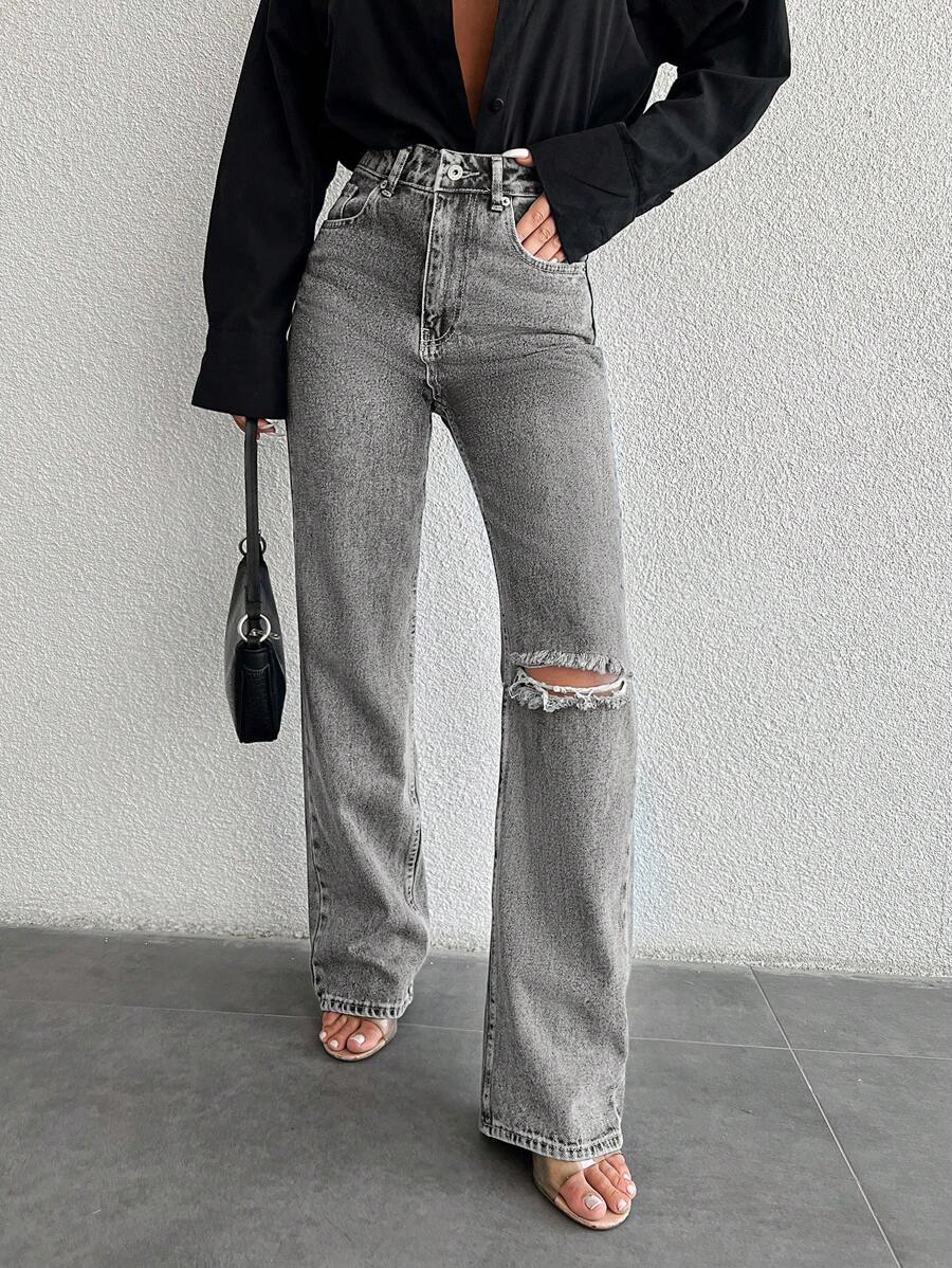 EURMUSE Women's Distressed High Waisted Jeans - Grey - View 1