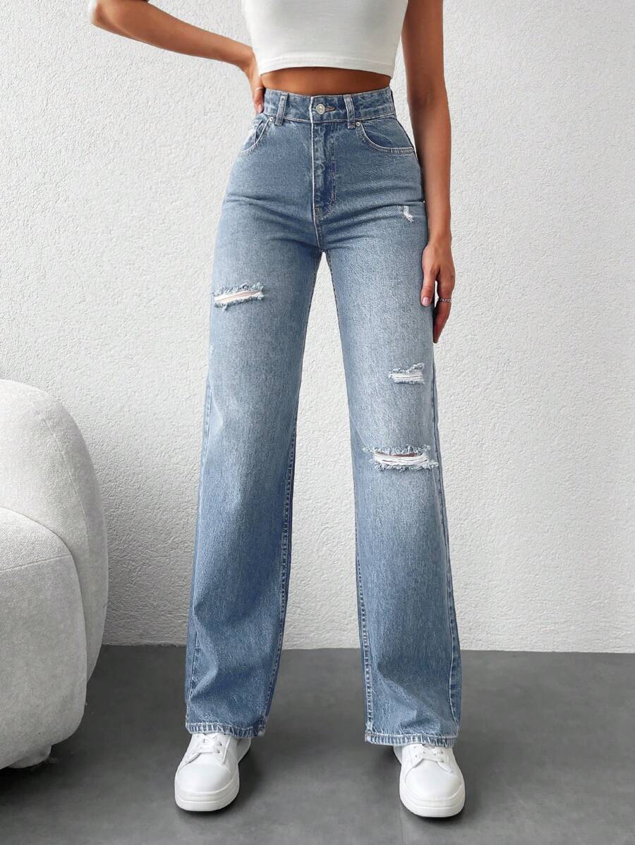 RueChic High Waisted Straight Leg Jeans With Distressed Holes - Baby Blue - View 1