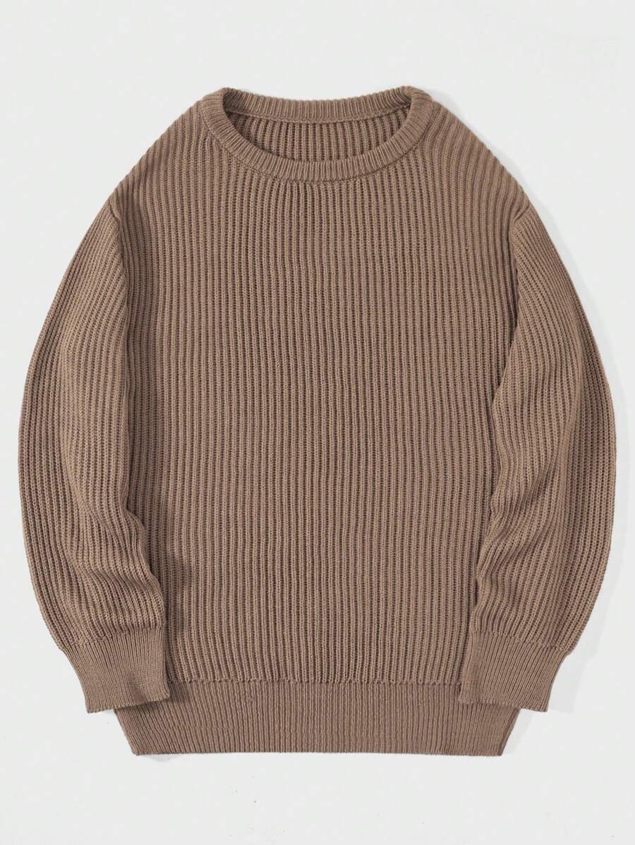 RueChic Men Solid Ribbed Knit Jumper - Brown - View 1