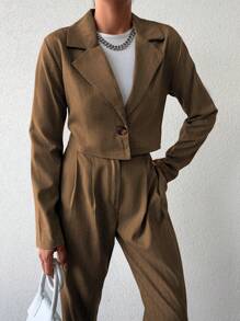 EURMUSE Damski Pasek Marynarki Kurtki Z Kołnierzyk Z Klapą I Spodnie Komplety Biżuterii - Wielbłąd - Zobacz 4