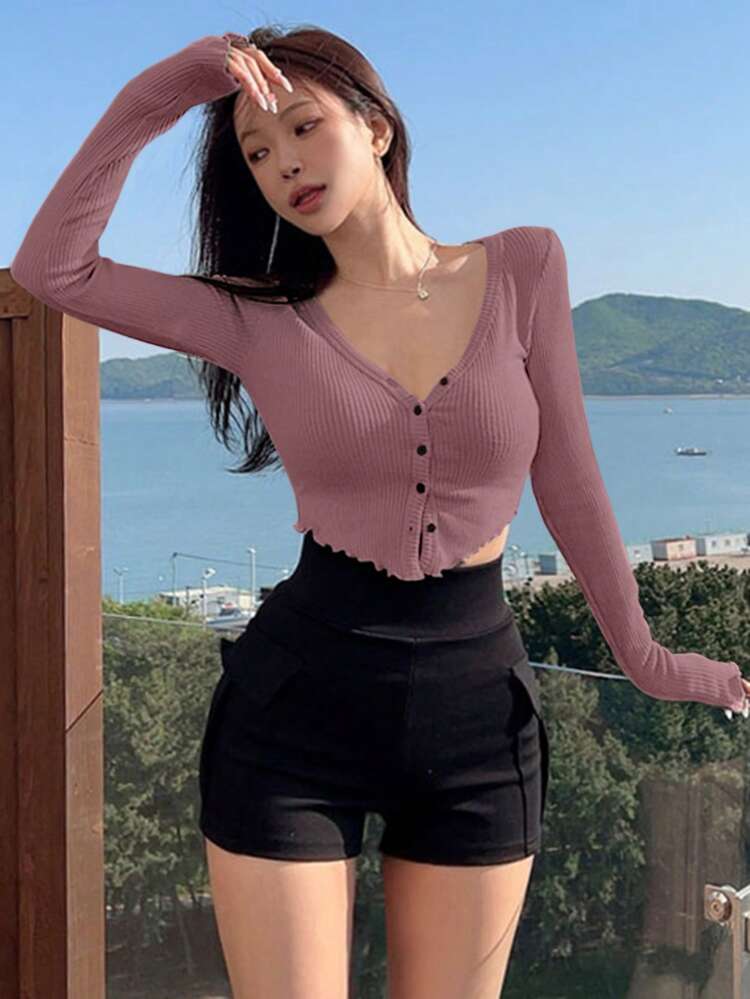Solid Color Short Fitted T-Shirt With Single-Breasted Buckle,Fall Clothes Long Sleeve