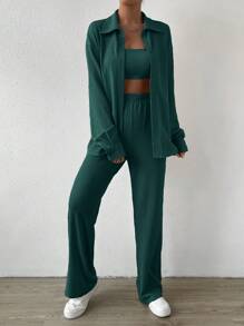 SHEIN EZwear Top bandeau unicolor con pantalones & Camisa de hombros caídos con botón delantero - Verde Oscuro - Ver 4