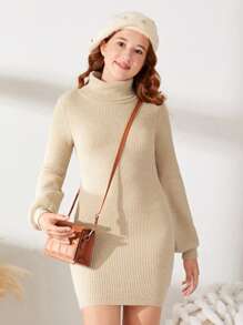 SHEIN 青少年女孩高領燈籠袖條紋針織毛衣洋裝