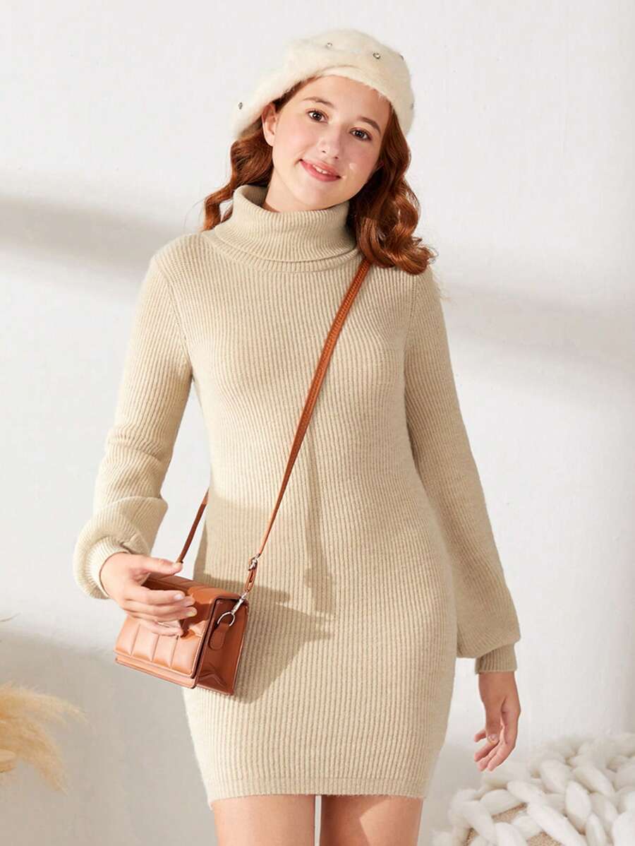 SHEIN 青少年女孩高領燈籠袖條紋針織毛衣洋裝