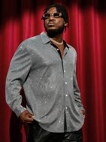 GENTILAND Loose Fit Men's Plus Size Glitter Button Front Shirt - Silver - View 1