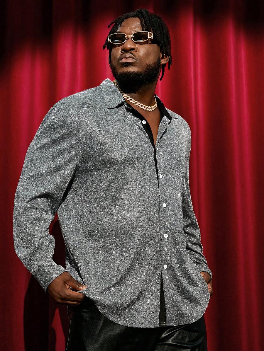 GENTILAND Loose Fit Men's Plus Size Glitter Button Front Shirt - Silver - View 1