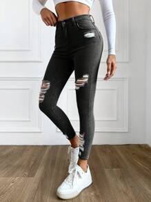 EURMUSE Women's Slim Fit Ripped Jeans - Dark Grey - View 4