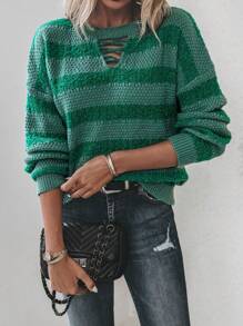 SHEIN LUNE Striped Pattern Crisscross Cut Out Front Drop Shoulder Sweater Knit Pullover Fall Winter Outfit