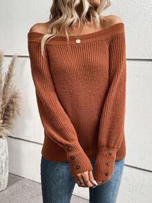 SHEIN LUNE 一字肩插肩袖條紋針織套頭毛衣 - 卡其色 - 查看 6