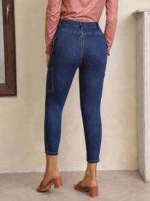 SHEIN PETITE Túi vá Bên Quần jean ôm - Rửa tối - Xem 2