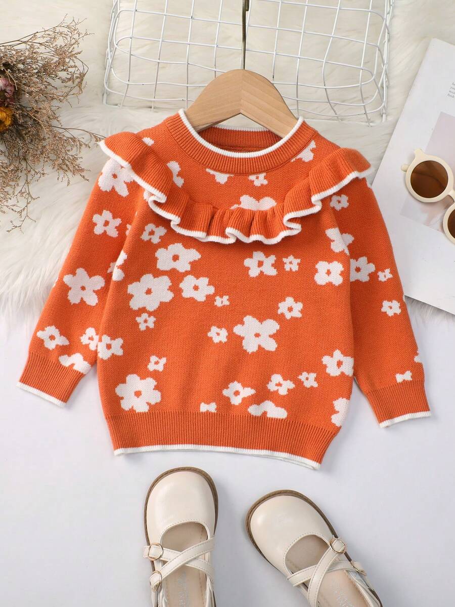 Đứa bé gái Mô hình hoa Viền Ruffle Áo len - Màu Tím - Xem 1