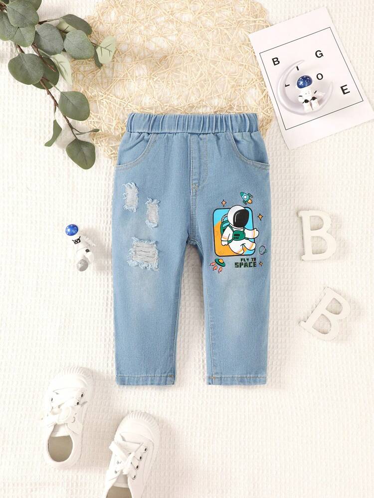 Baby Boys' Cute Cartoon Printed Patch Pocket Denim Pants