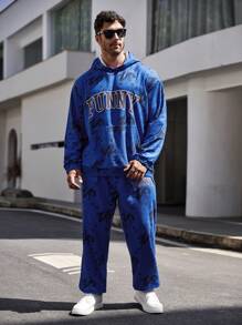 Manfinity LEGND Men Plus Letter Graphic Hoodie & Sweatpants - Blue - View 6