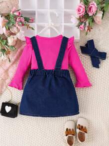 Baby Girl Ruffle Trim Tee & Cartoon Graphic Overall Dress & Headband - Hot Pink - View 2