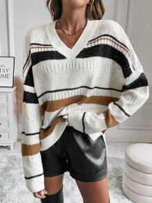 SHEIN LUNE Áo len chui đầu dáng suông, xẻ tà, họa tiết sọc, thích hợp cho mùa thu đông. - Nhiều màu - Xem 6