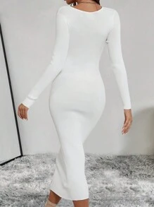 SHEIN Clasi Đan chéo Đồ đan Ribbed Đầm Áo len - trắng - Xem 2