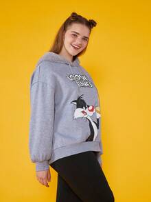 LOONEY TUNES X SHEIN 卡通和字母圖形飛肩連帽衛衣（大尺碼） - 灰色 - 查看 4