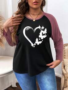 Calvaya Talla grande Camiseta con corazón & con estampado de mariposa de manga raglán - Multicolor - Ver 3
