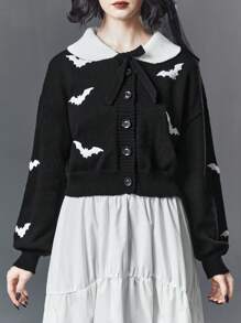 ROMWE Goth 蝙蝠圖案落肩袖開襟衫 - 黑色 - 查看 2