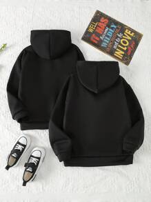 SHEIN 女大童2入組字母人物圖案加絨內裏連帽衫 - 黑色 - 查看 2