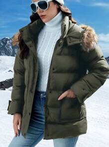 SHEIN Unity Áo khoác có mũ trùm đầu có đệm có túi có nắp đậy Quần áo mùa đông - xanh quân đội - Xem 4