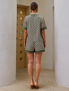 Sollinarry Allover Print Lapel Neck Shirt & Shorts - Green - View 2