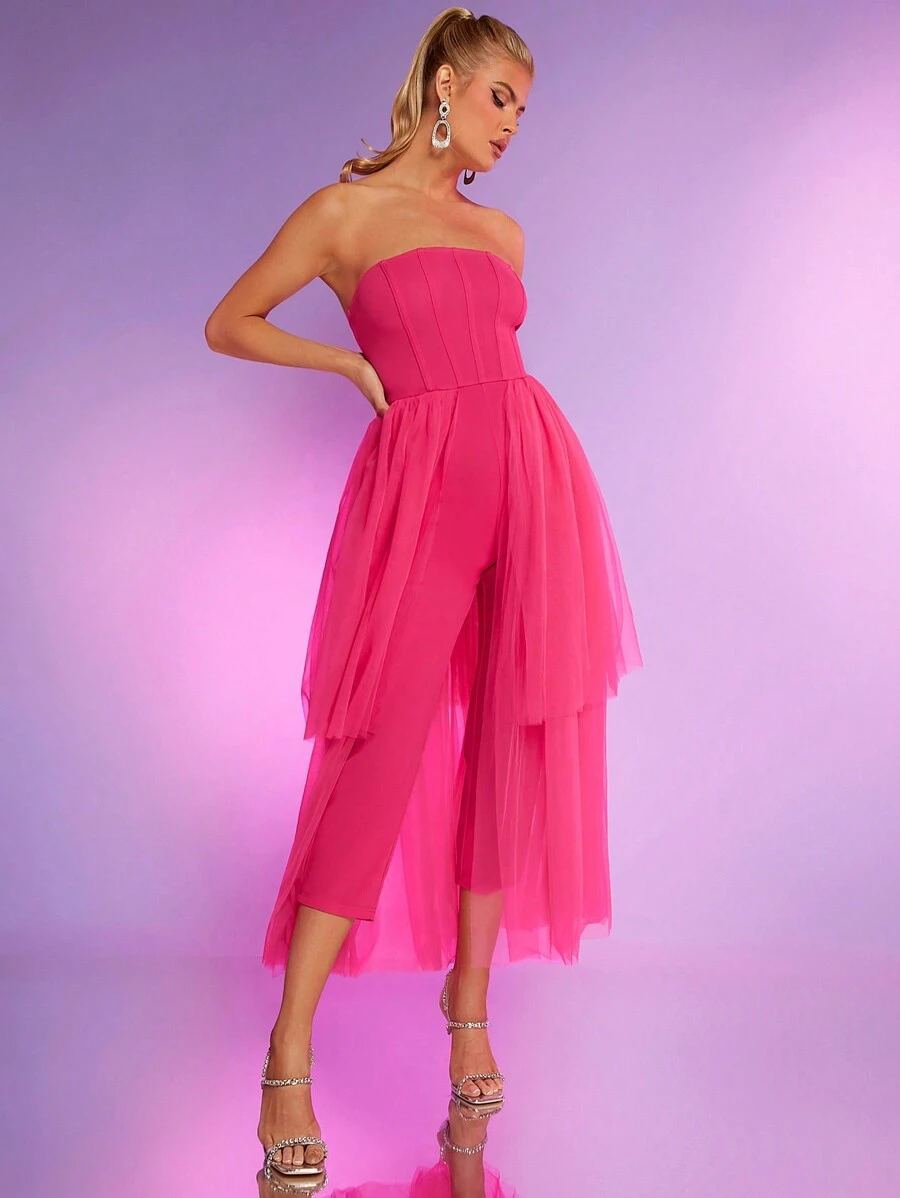 Hauture Monos Con Capas De Tubo Con Malla Superpuesta - Rosa Fucsia - Ver 1