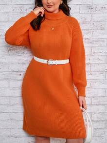 SHEIN LUNE 大碼高領插肩袖毛衣洋裝不附腰帶 - 橘色 - 查看 3