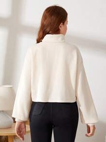 SHEIN 少女編織純色短款高領泡泡袖休閒長袖T卹