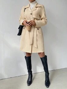 SHEIN Privé Cổ áo Thắt lưng Áo khoác Trench - Màu be - Xem 6
