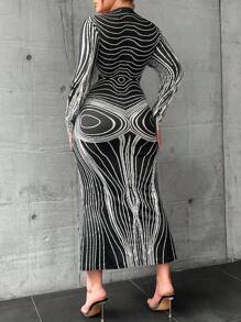 SHEIN ICON 大碼滿版印花魚尾裙下擺洋裝 - 彩色 - 查看 3