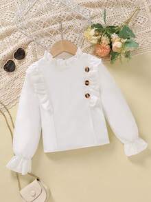 SHEIN Cô Gái Trẻ tay áo lá sen Chi tiết Nút Viền Ruffle Áo sơ mi - trắng - Xem 3