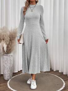 SHEIN LUNE Solid Mock Neck Ribbed Knit A-line Dress - Grey - View 4