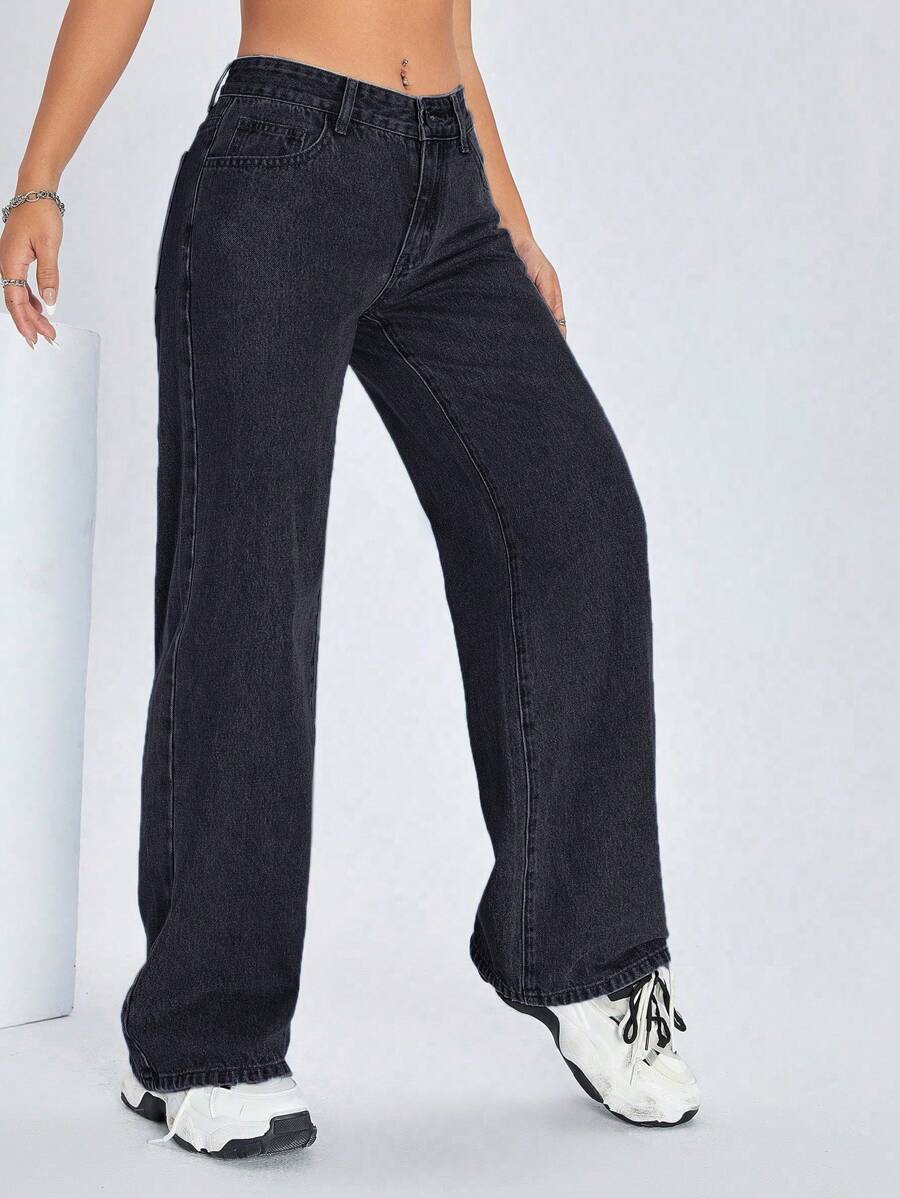 SHEIN ICON Solid Wide Leg Jeans - Black - View 1