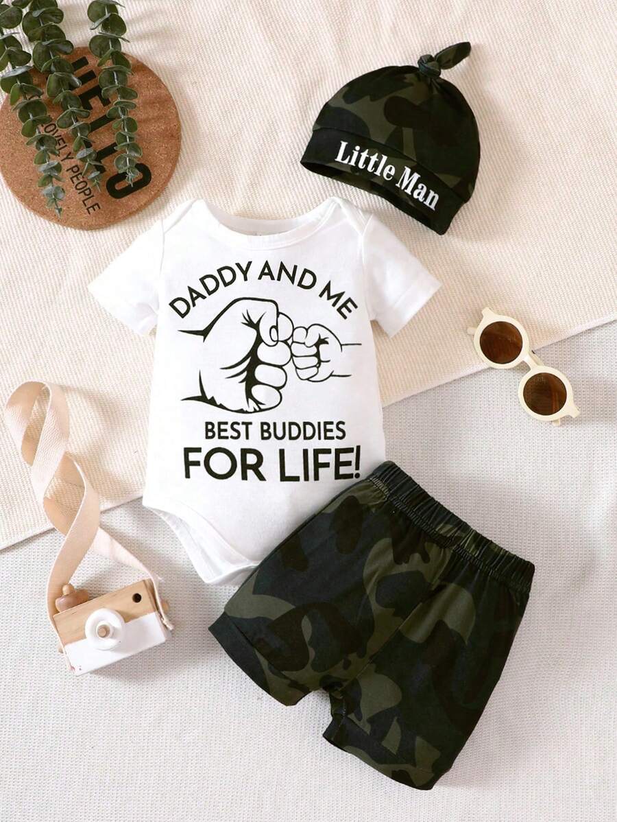 Baby Boy Slogan Graphic Bodysuit & Camo Print Shorts - Multicolor - View 1