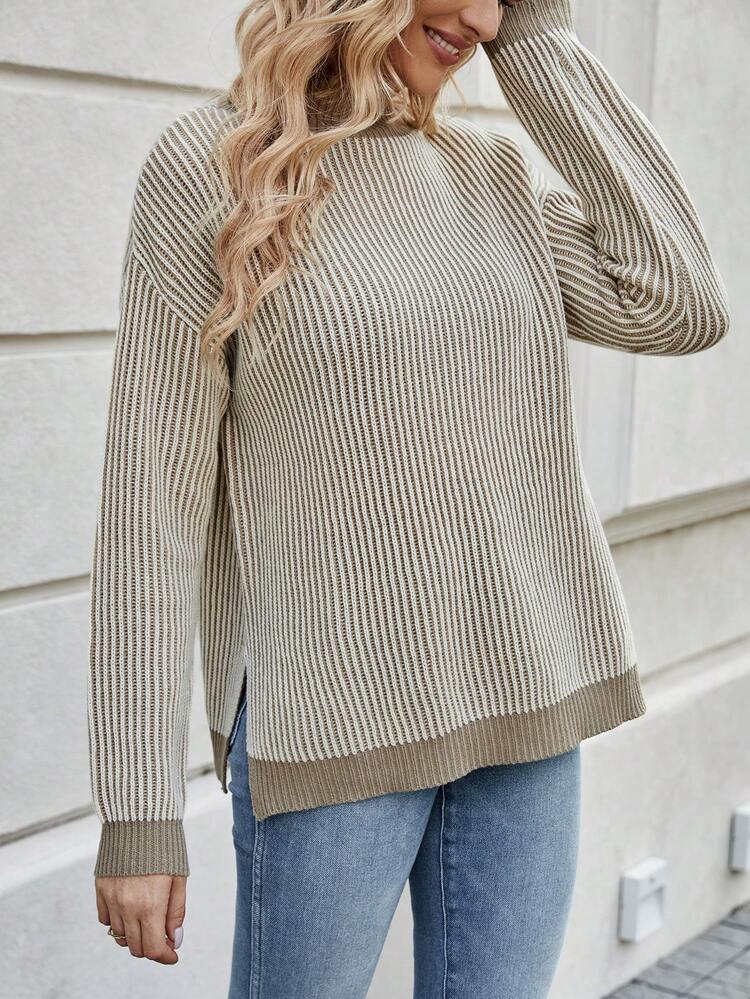 Striped Pattern Drop Shoulder Mock Neck Split Hem Knit Pullover Fall Winter Sweater