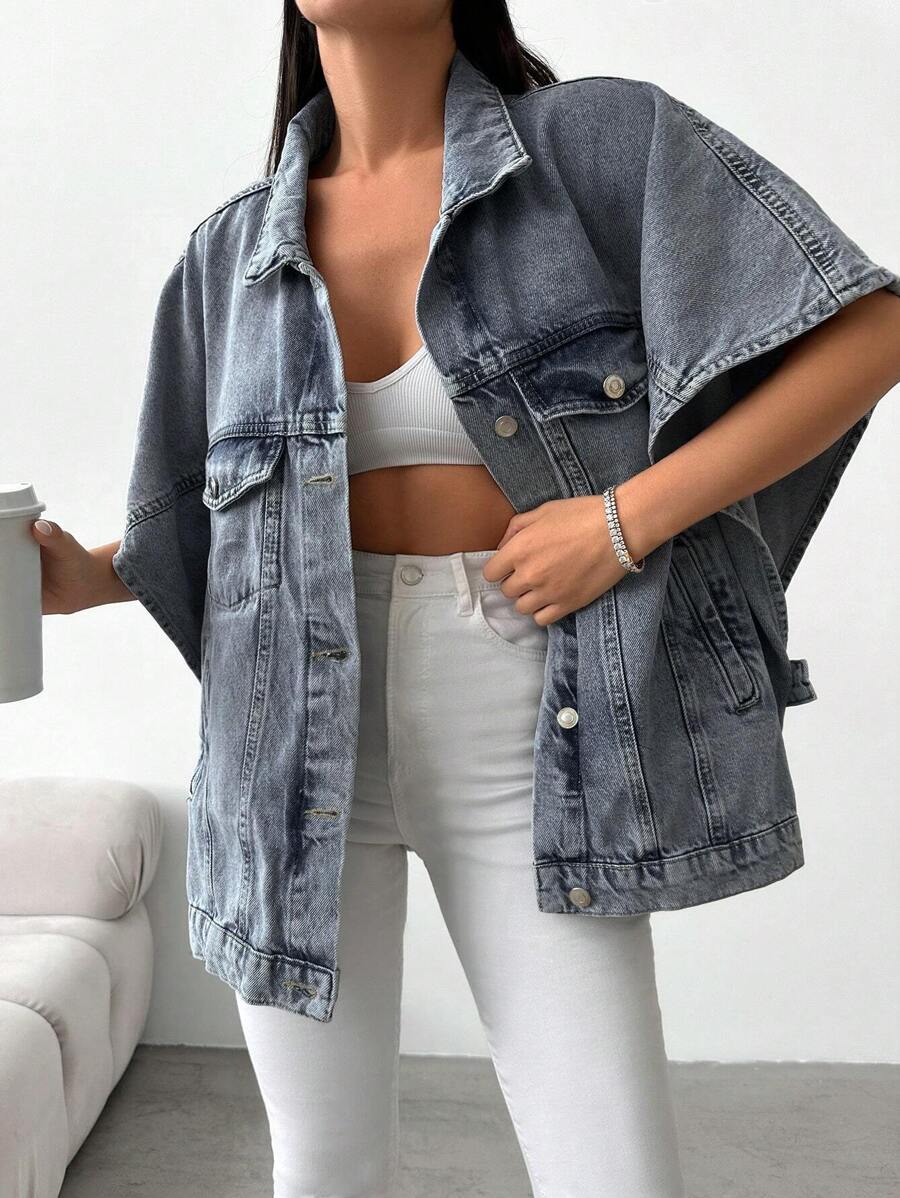 Cottnline Loose Fit Casual Half-sleeve Denim Jacket - Light Grey - View 1