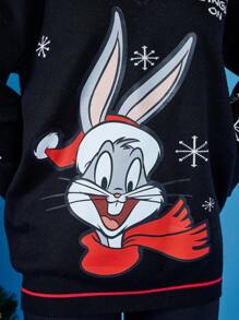 LOONEY TUNES X SHEIN Christmas Pattern Drop Shoulder Sweater - Black - View 6