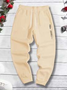 Manfinity Homme Nam Lỏng lẻo phù hợp Quần thể thao Với In Khẩu hiệu Và Eo dây rút - Màu Khaki - Xem 3