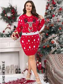 SHEIN Clasi Plus Christmas Pattern Sweater Dress - Red - View 5