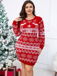 SHEIN Clasi Hơn Mẫu giáng sinh Váy len bó sát - Đỏ - Xem 5