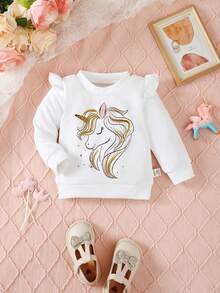 Baby Girl Unicorn Print Ruffle Trim Sweatshirt - White - View 3